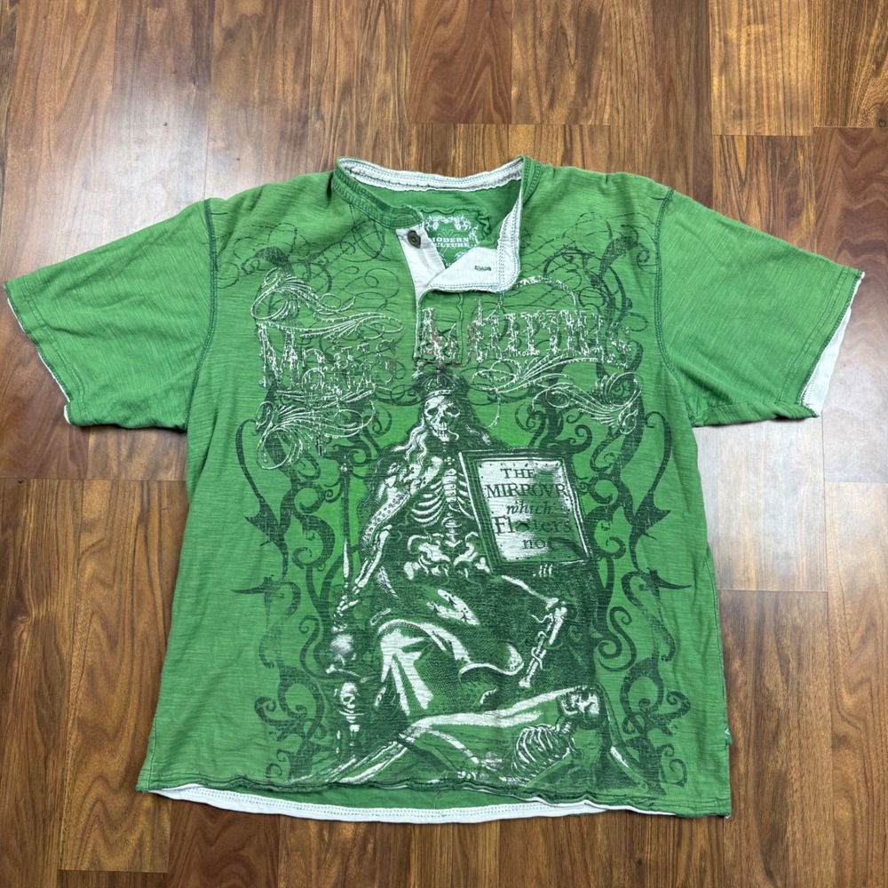 Distressed Y2K Mens Henley LG Green Skeleton Short Sleeve Shirt Modern Culture